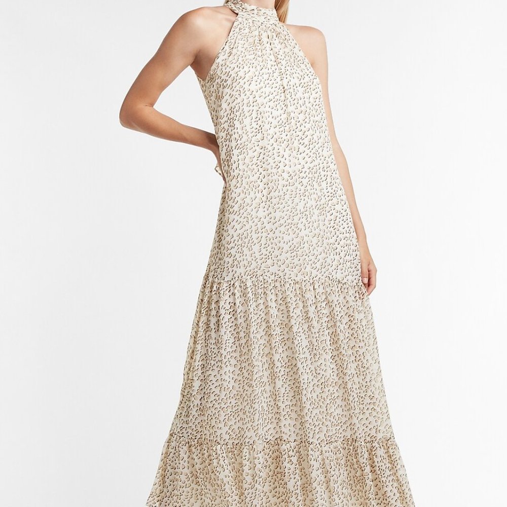 EXPRESS Leopard Tiered High Neck Maxi Dress